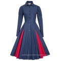 Belle Poque Victorian Style Long Sleeve Shirt Collar Contrast Color Navy Swing Retro Vintage Dress BP000366-3